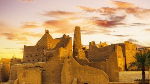 Aerial view of Diriyah showcasing historical buildings and architecture.