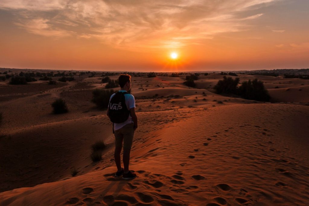 A serene desert landscape at sunrise with a safari vehicle.